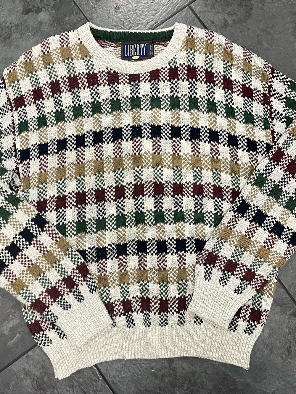 Vintage liberty Cream Crewneck Sweater with Green, Navy, Burgundy, and Tan Check